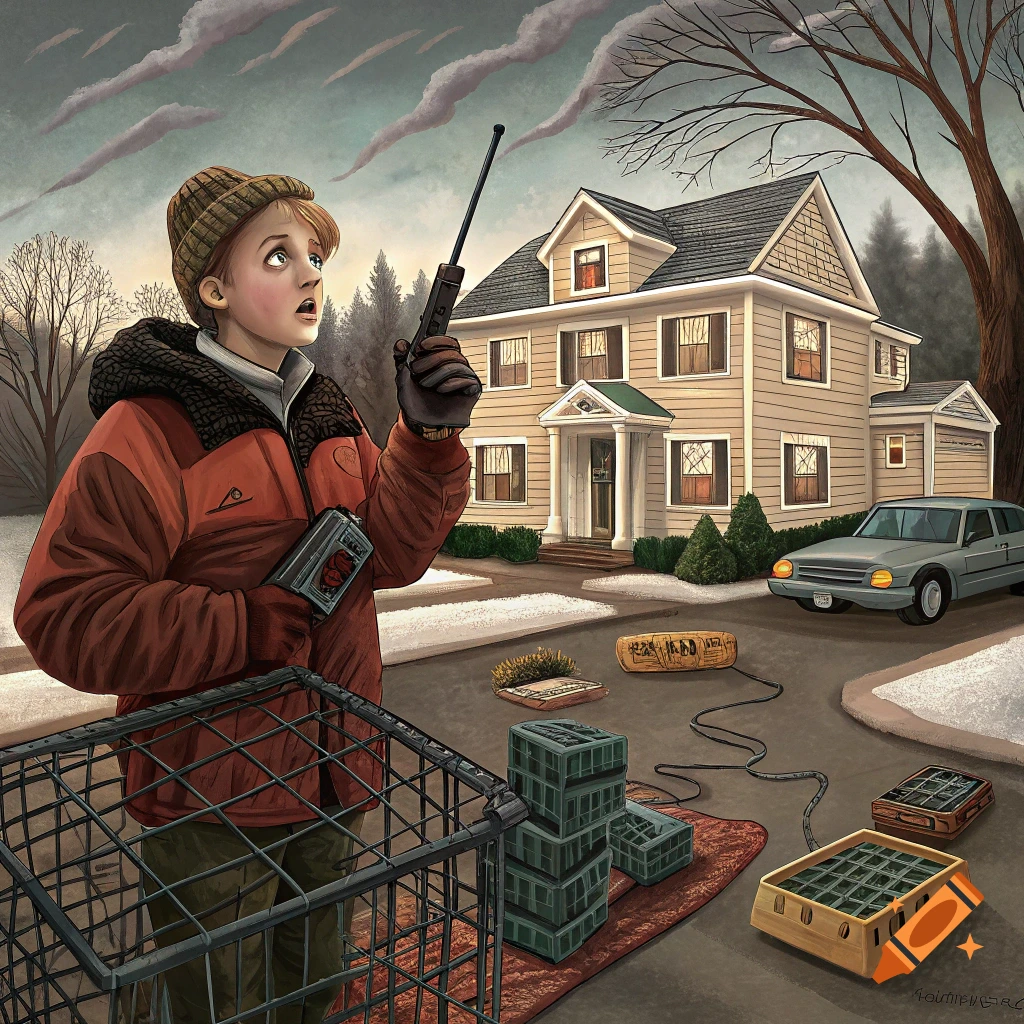 Illustration of a boy holding a radio outside a house in winter with objects on the ground.
