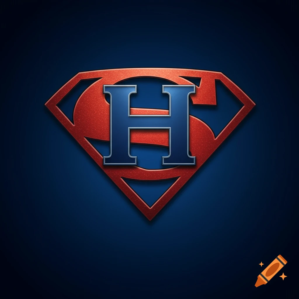 Superhero shield logo with a blue 'H' in the center