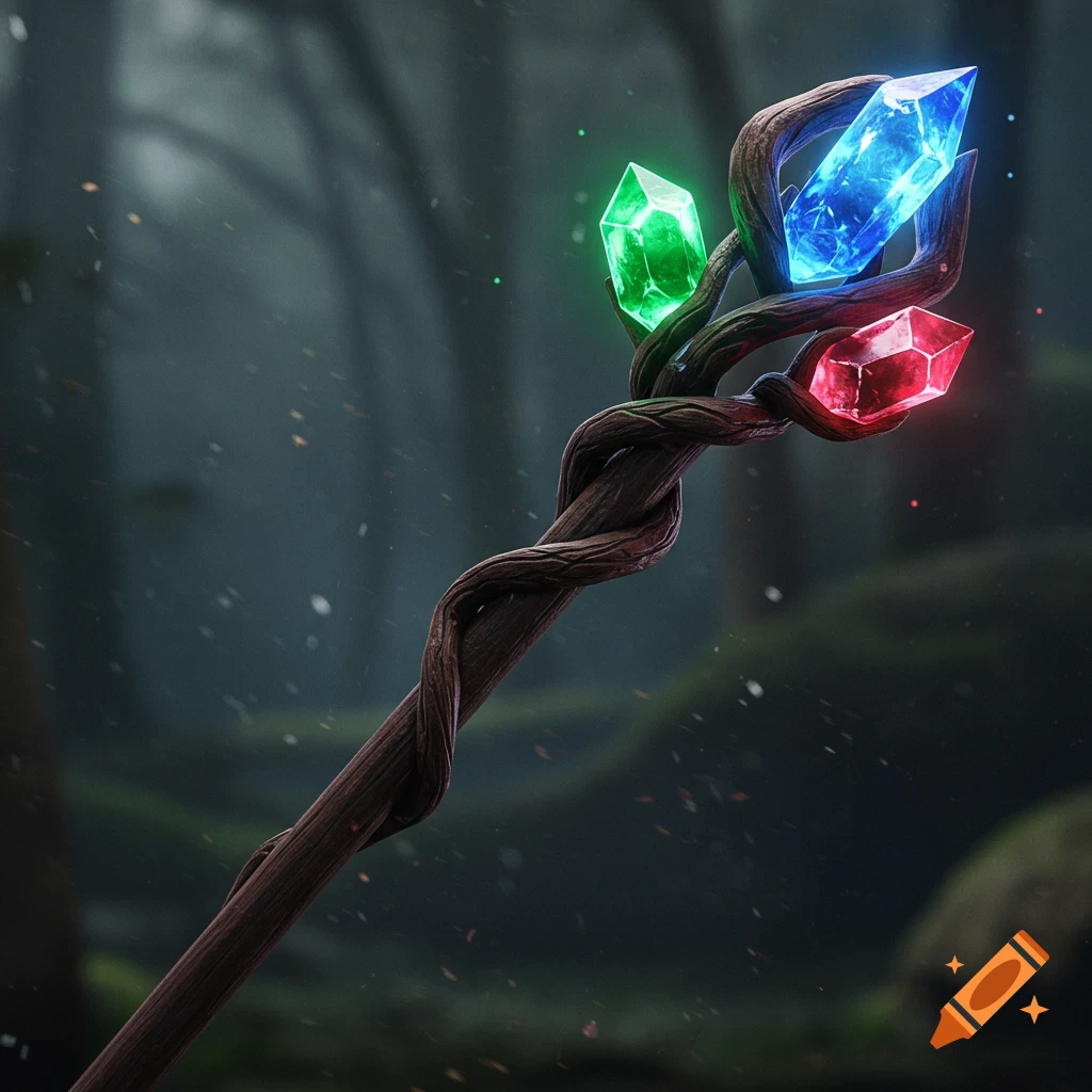 A close-up shot of a wooden mage staff wrapped in vines, topped with glowing red, green, and blue crystals. The background is a blurred, dark forest.