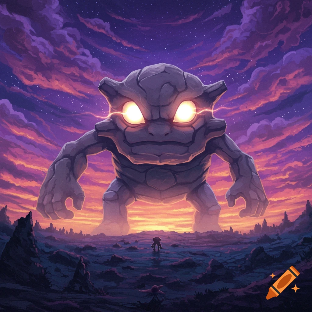Large rock creature looms over small figure in rocky landscape under vibrant purple and orange sunset sky. Illustration.