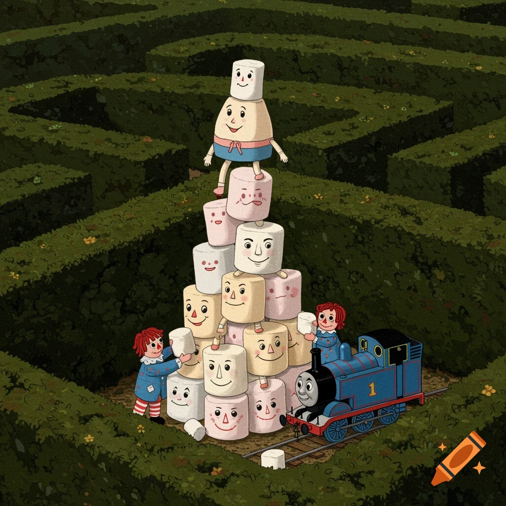 Illustration of anthropomorphic marshmallows stacking in a hedge maze with Raggedy Andy characters and Thomas the Tank Engine.