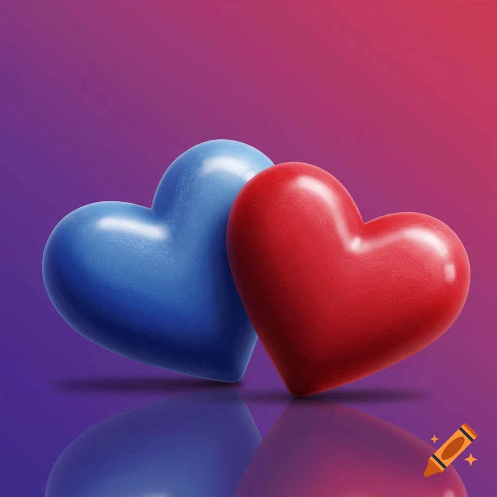 3D rendered red and blue hearts on a gradient background with reflection
