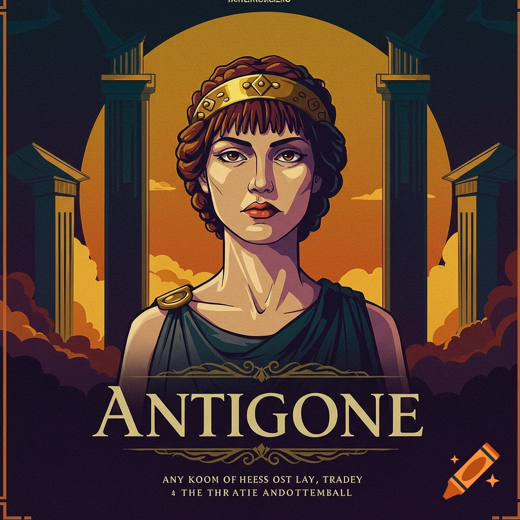 Stylized poster of Antigone, a woman in Greek dress, with classical columns and sunset background