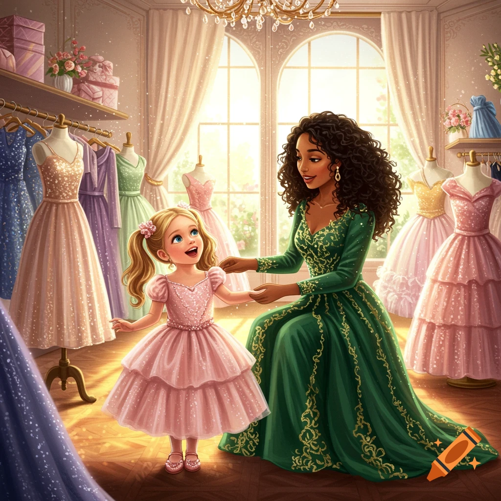 An illustration of a mother and daughter shopping for fancy dresses in a bright shop.