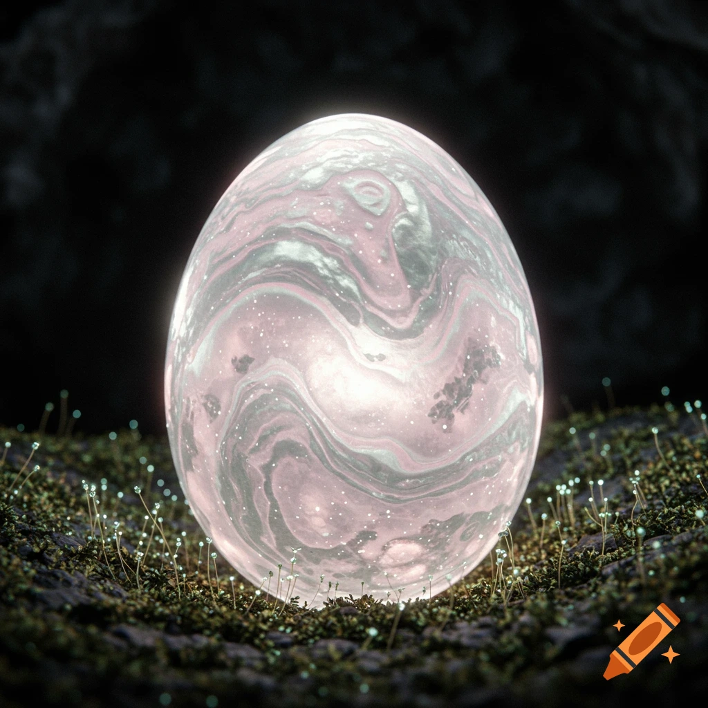 A glowing, swirling moon dragon egg sits on mossy ground with small glowing plants.
