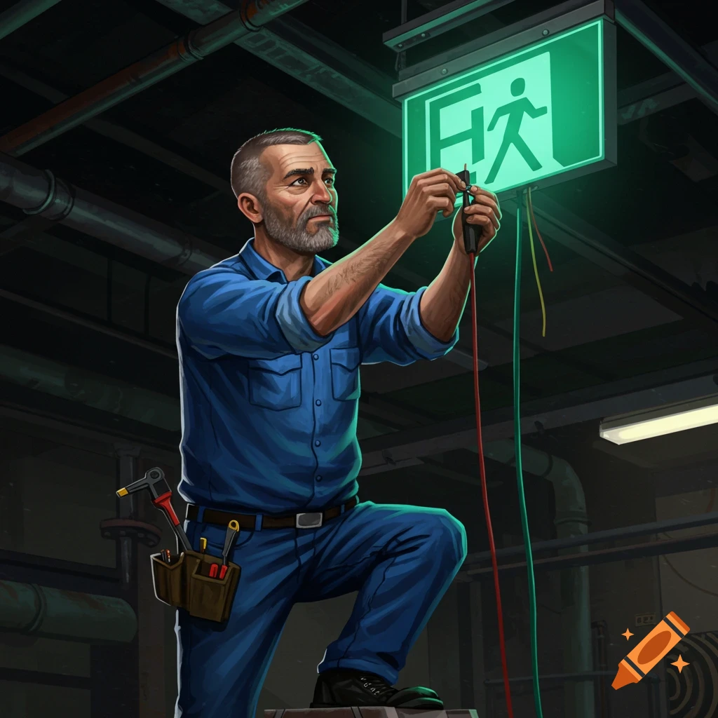 An illustration of an electrician working on a green running man exit sign.