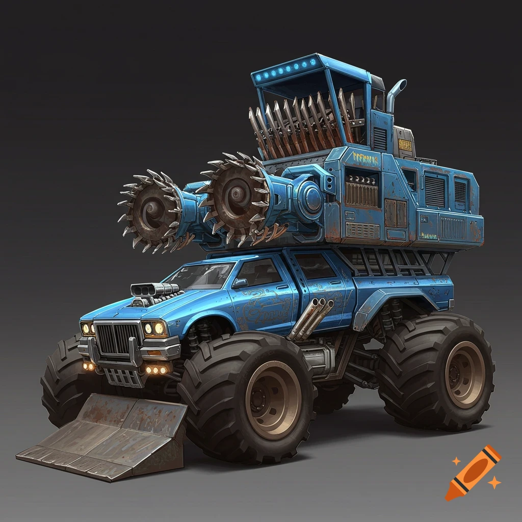 Blue monster truck with top-mounted shredders and heavy modifications
