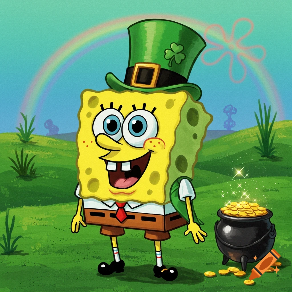 Cartoon of SpongeBob SquarePants wearing a green leprechaun hat and suit, standing next to a pot of gold and a rainbow in a field.