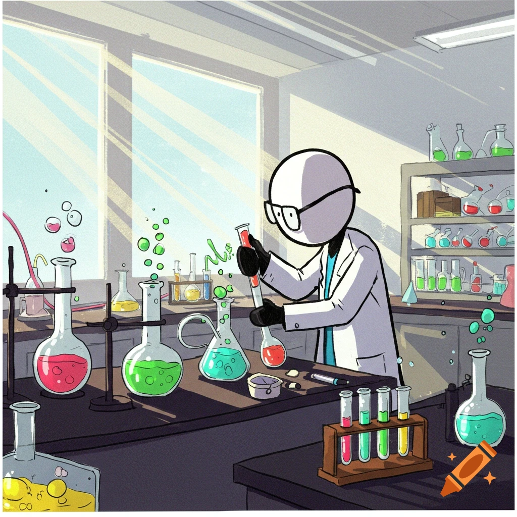 Cartoon stick figure in a science lab pouring liquid between test tubes and beakers.