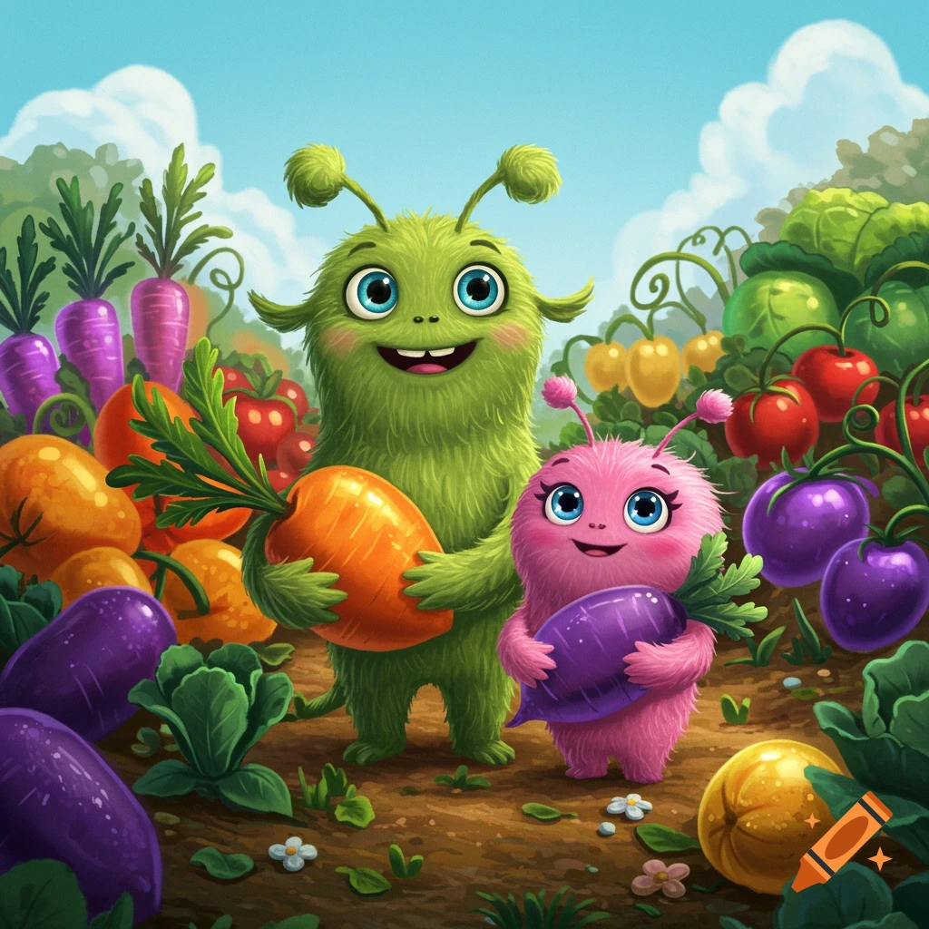Two cute green and pink fuzzy monsters hold giant vegetables in a garden illustration.