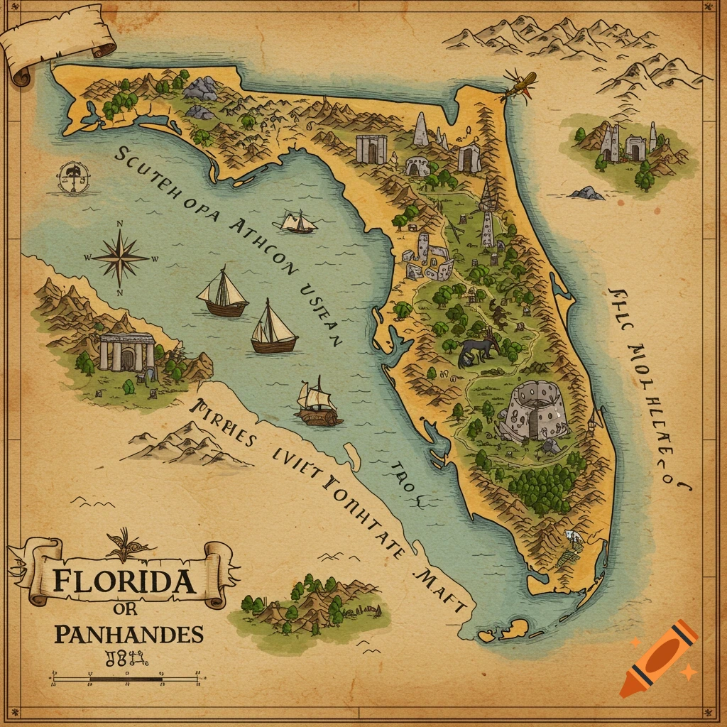 A fantasy parchment map of Florida and its panhandle, showing landscapes, structures, and ships.