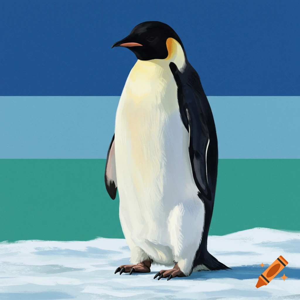 An illustration of an emperor penguin standing on ice against a striped blue and teal background.