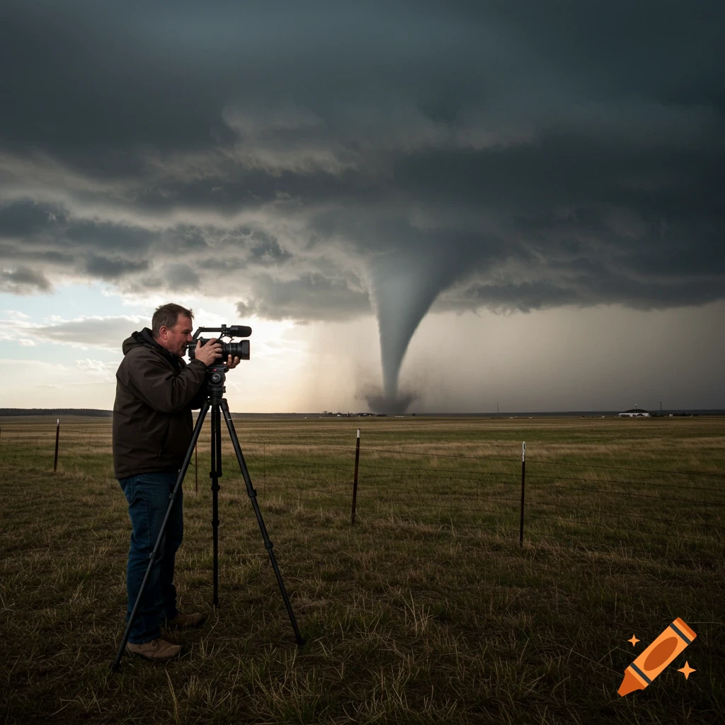 A man films a large tornado across a grassy field under dark storm clouds. Photorealistic style.