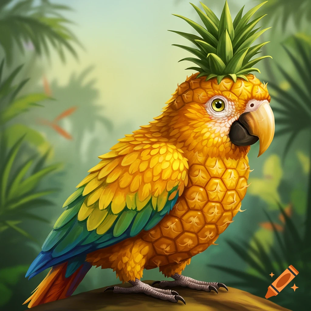 Illustration of a parrot mixed with a pineapple sitting on a branch in a jungle.
