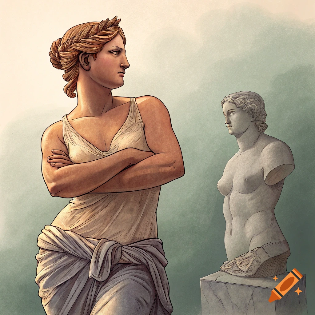 Stylized illustration of a muscular woman with crossed arms and a laurel crown standing next to a stone bust of Venus de Milo.