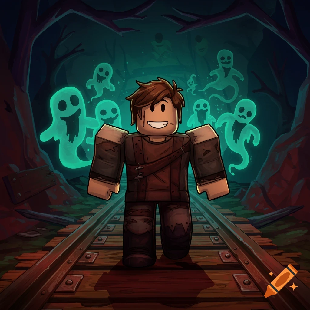 Roblox character on minecart tracks in a spooky forest surrounded by glowing ghosts. Stylized illustration.