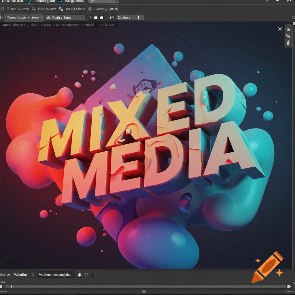 Stylized 3D text reading 'MIXED MEDIA' surrounded by abstract colorful shapes.