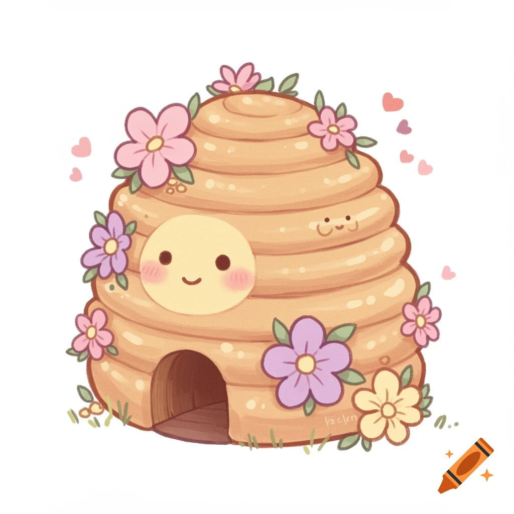 A cute kawaii illustration of a beehive decorated with pink, purple, and yellow flowers and hearts.