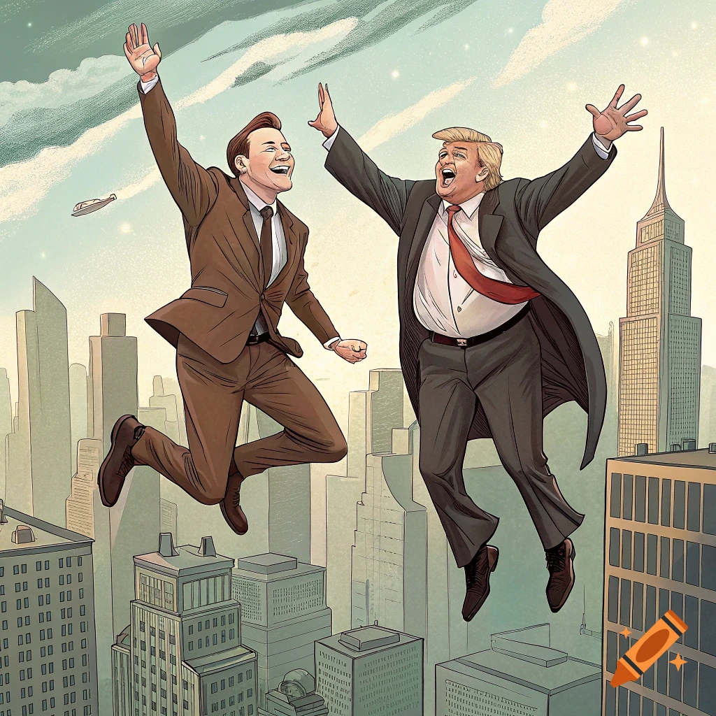 Illustration of two men resembling Trump and Musk jumping high above a city skyline.