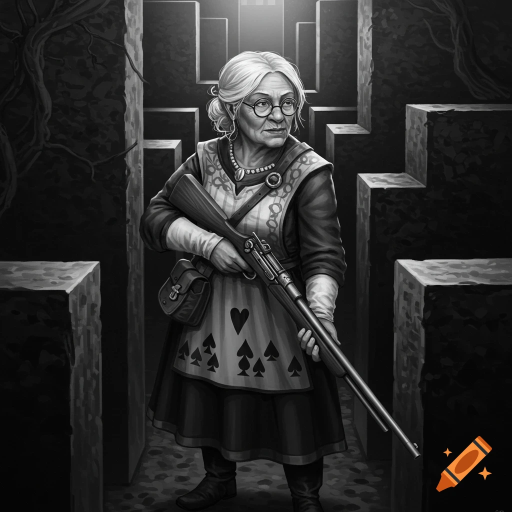 Elderly woman with glasses holding a rifle in a black and white labyrinth.