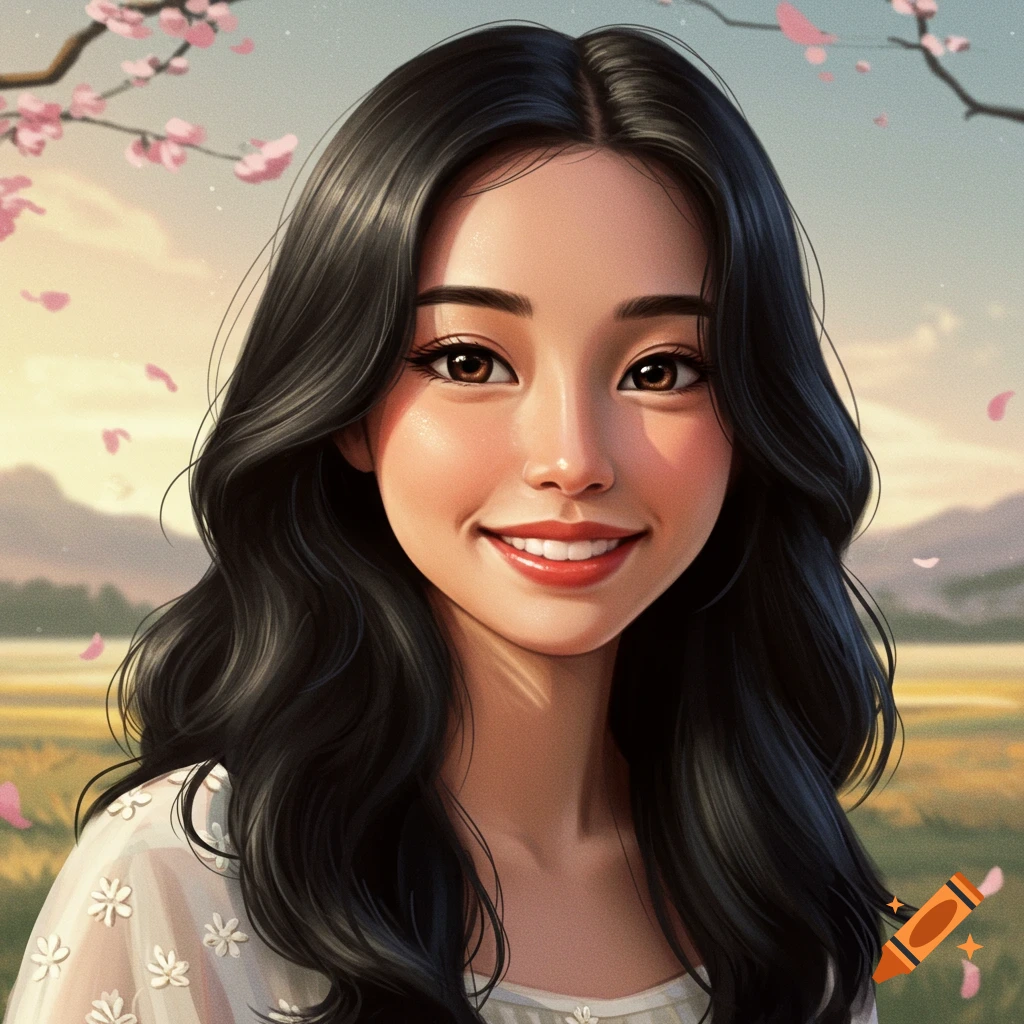 An illustration of a smiling woman with long dark hair outdoors with cherry blossoms and mountains in the background.