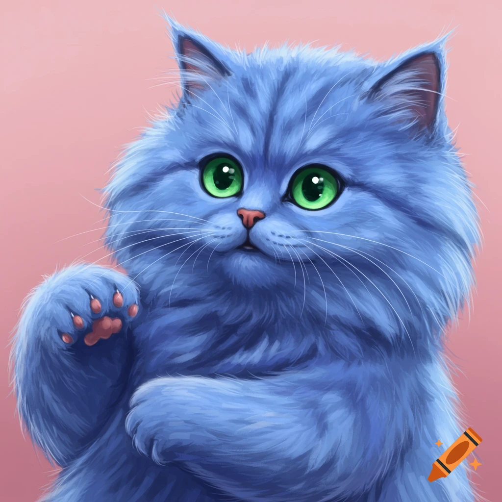 Close-up illustration of a fluffy blue cat with green eyes lifting a paw.