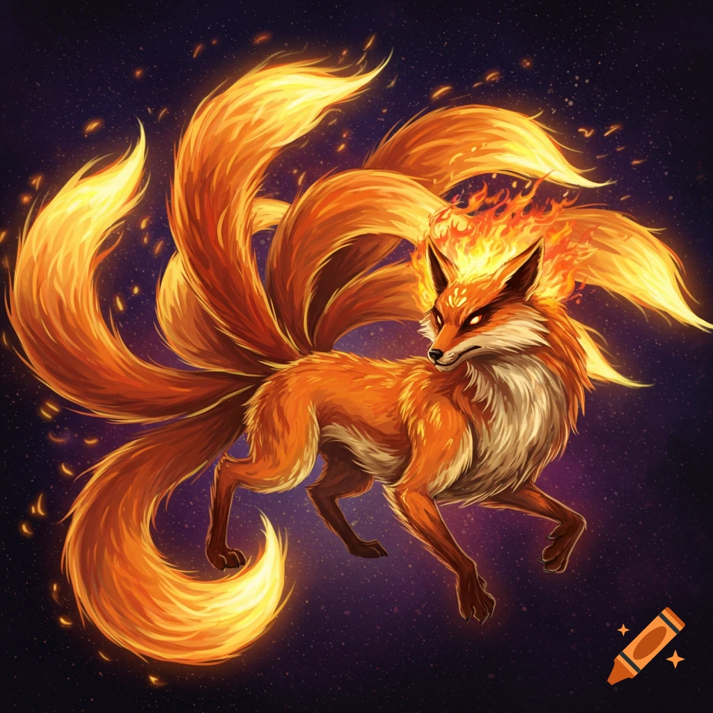 A mystical nine-tailed fox made of fire stands against a dark, starry background.