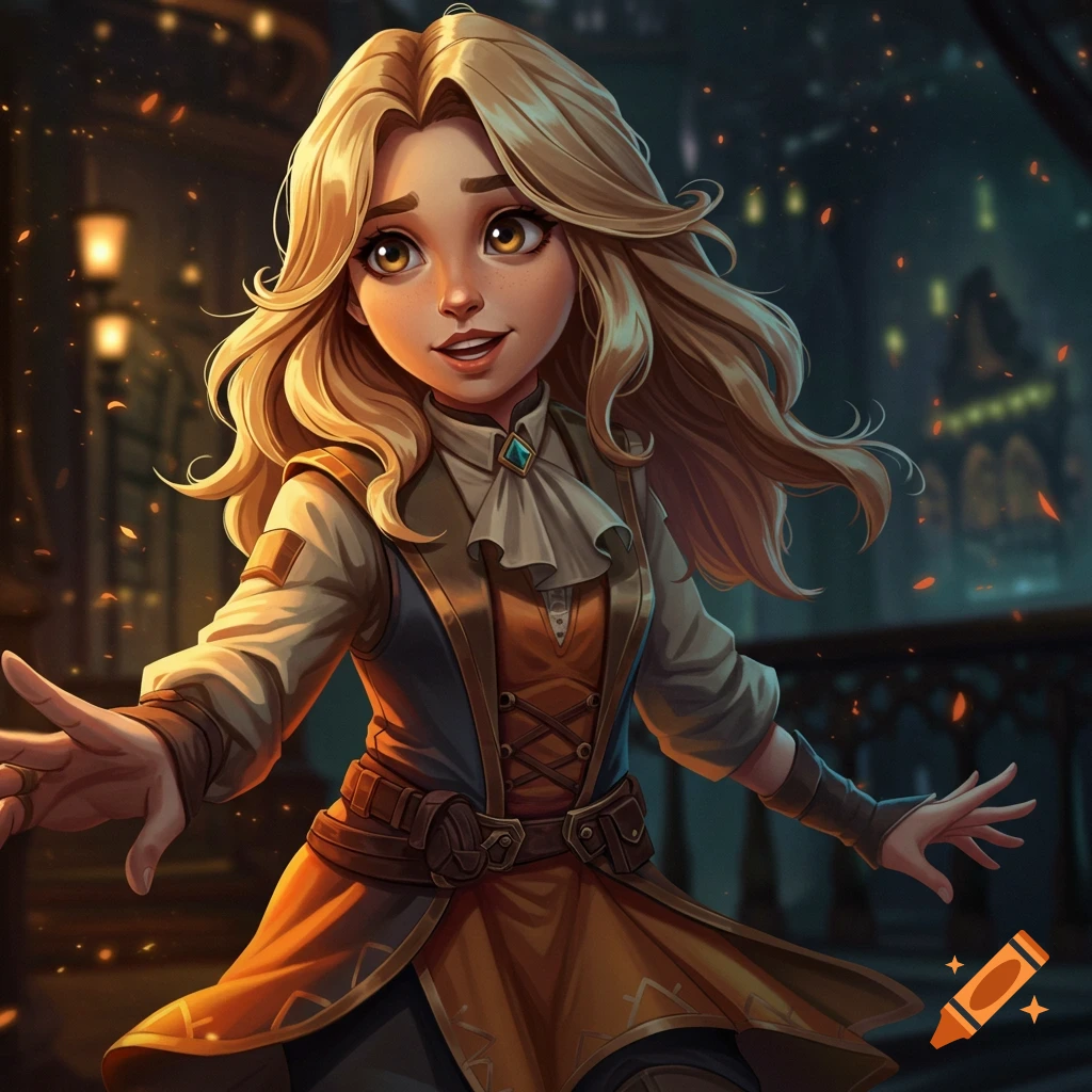 Anime fantasy girl with blonde hair in a detailed outfit, reaching out.