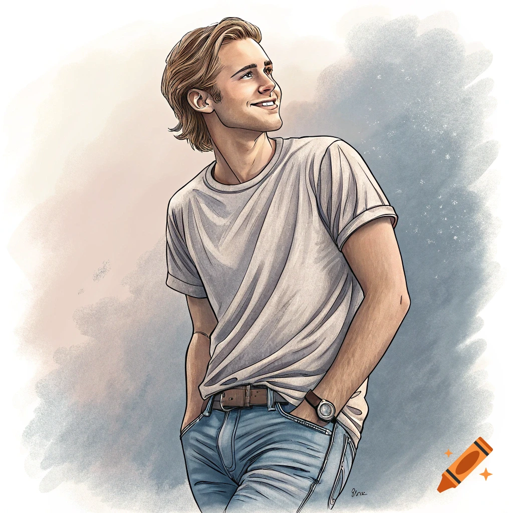 An illustrated portrait of a young man with hands in his pockets, smiling and looking up.