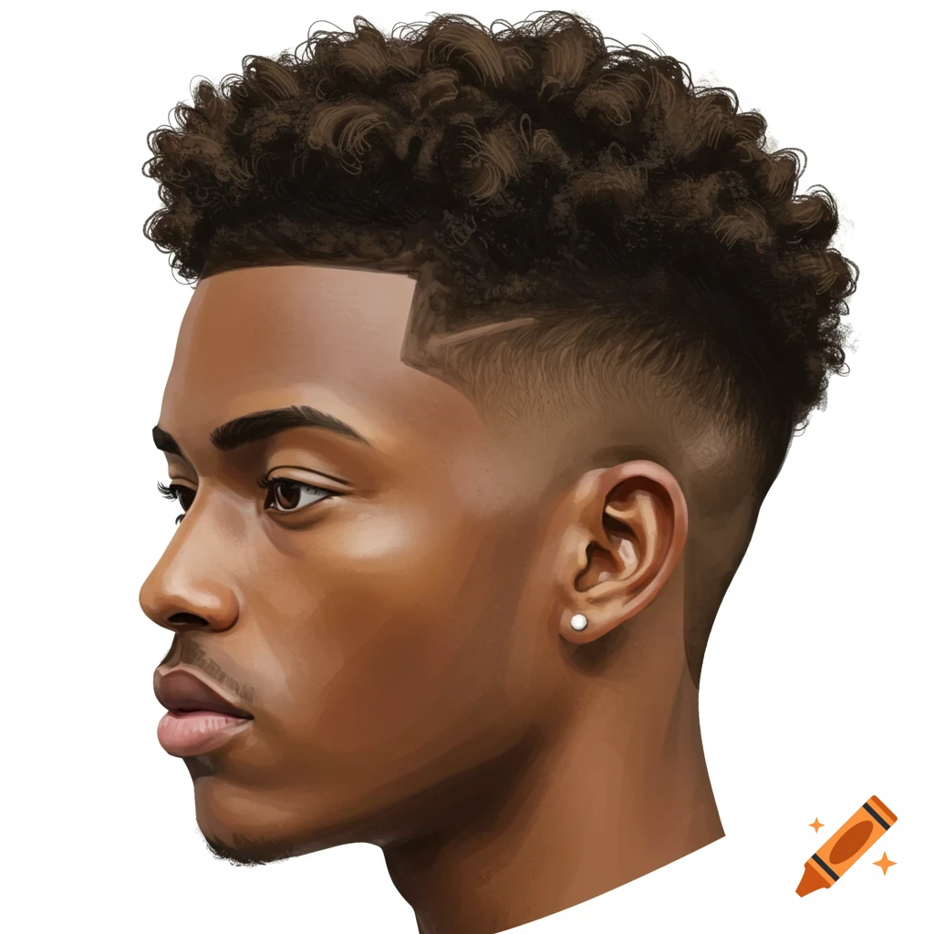 Profile portrait illustration of a young man with a low taper fade haircut and earring.