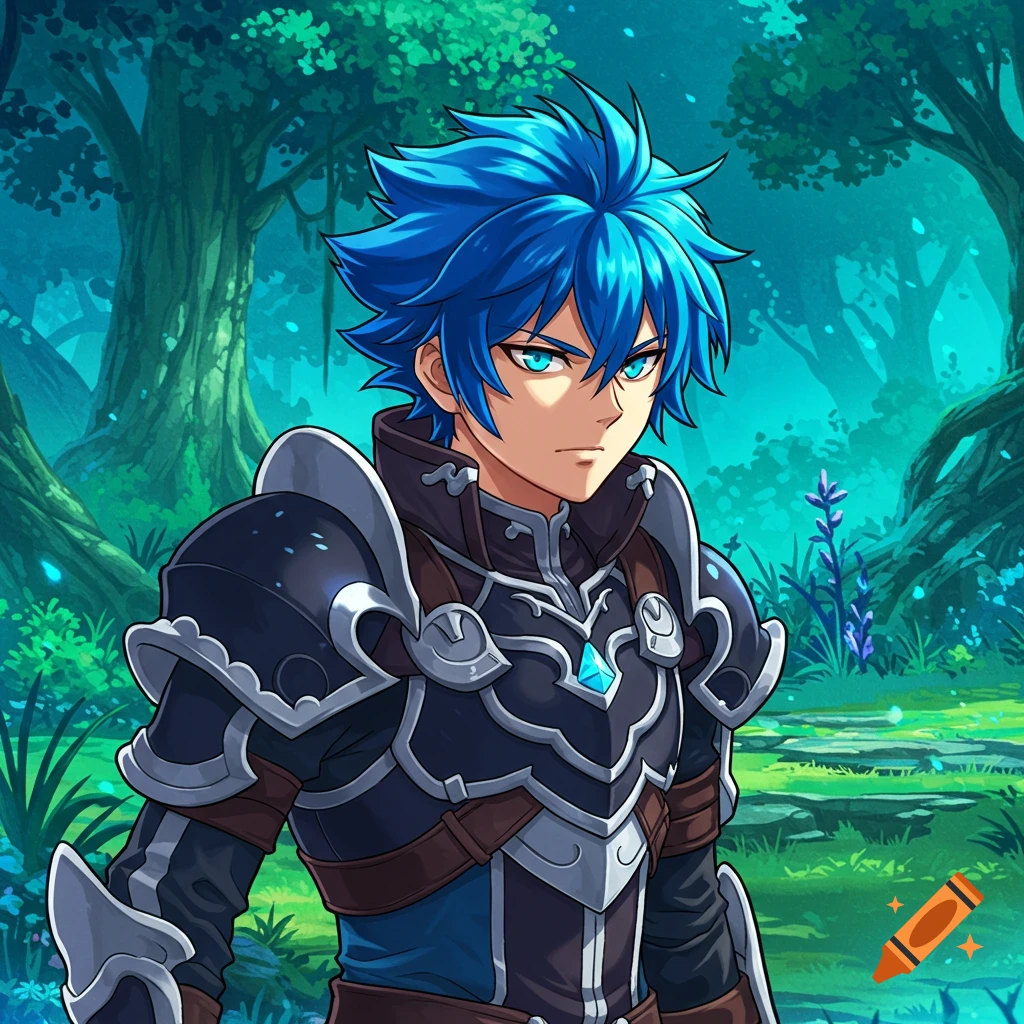 Anime character with blue hair and armor standing in a forest