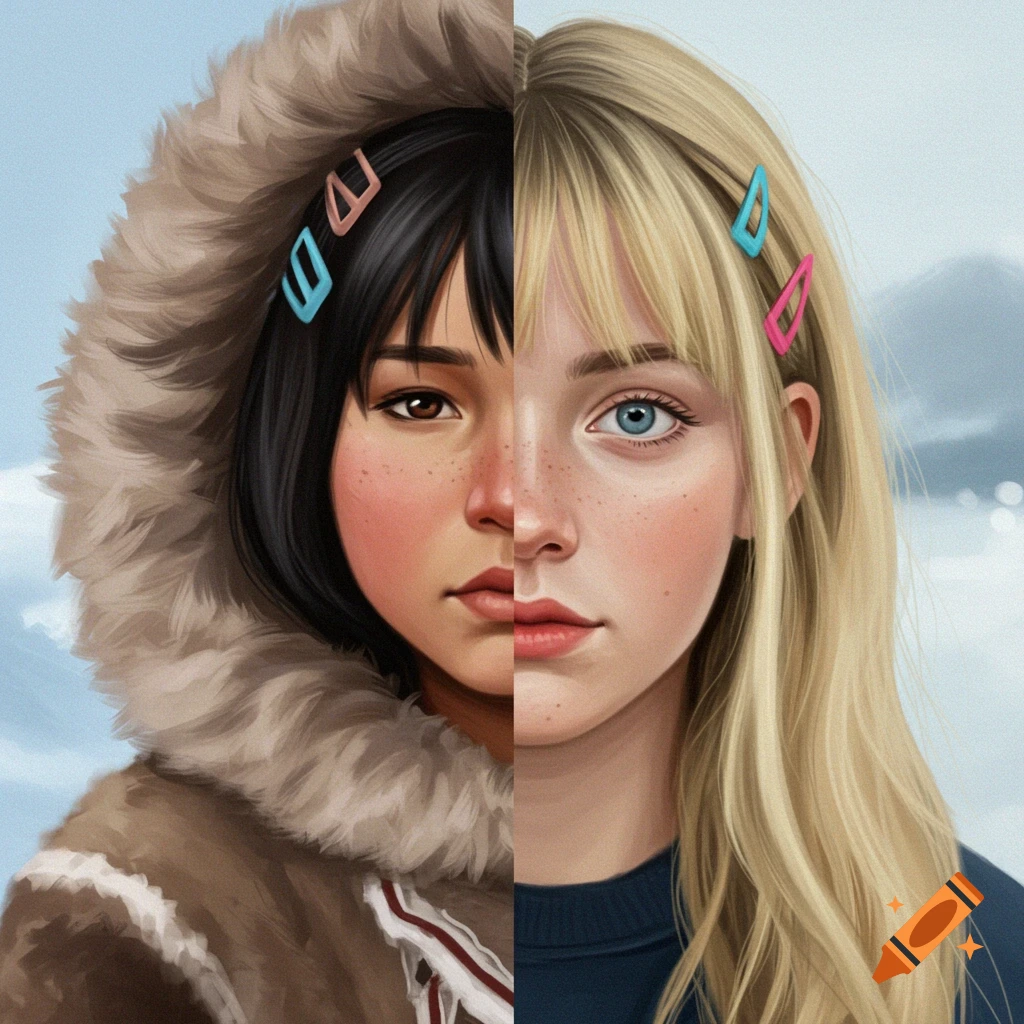 Illustration of a split portrait showing an Inuit girl in a parka on the left and a blonde girl on the right.