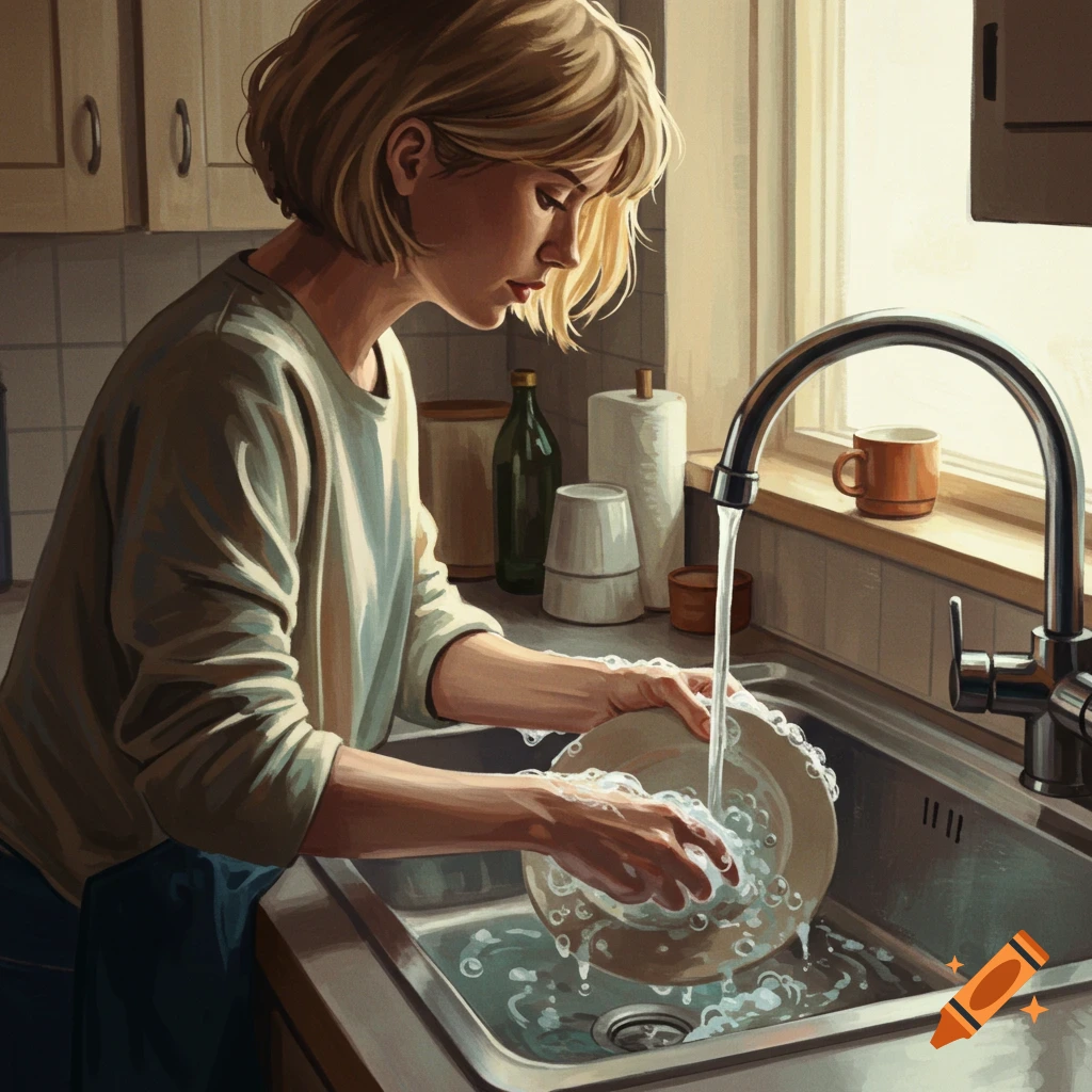 Woman washing dishes in a sunny kitchen sink, illustration style