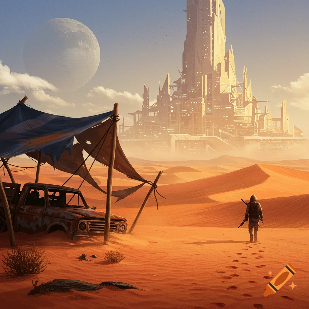 A person walks through a vast orange desert towards a futuristic city skyline under a large moon. A broken truck is nearby.