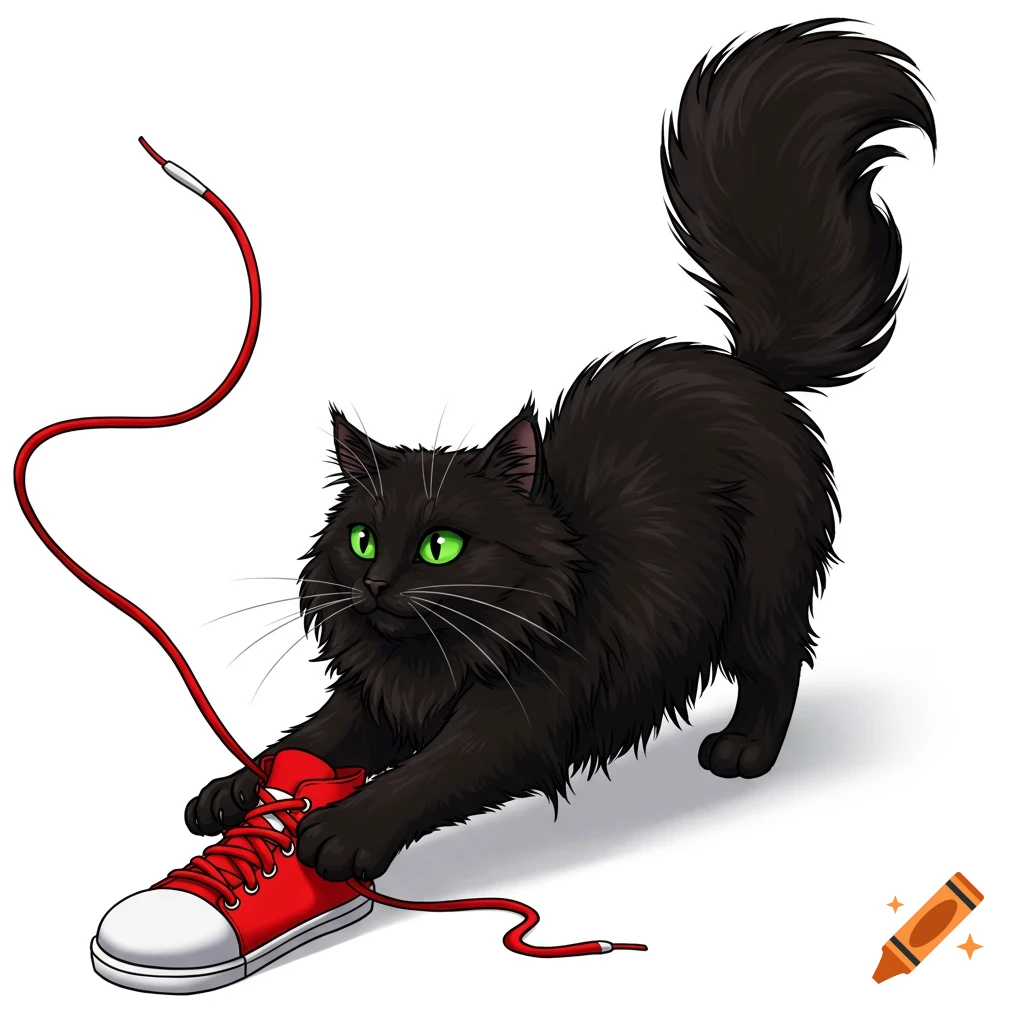 A fluffy black cat with green eyes plays with a red shoe and shoelace in a cartoon illustration style.