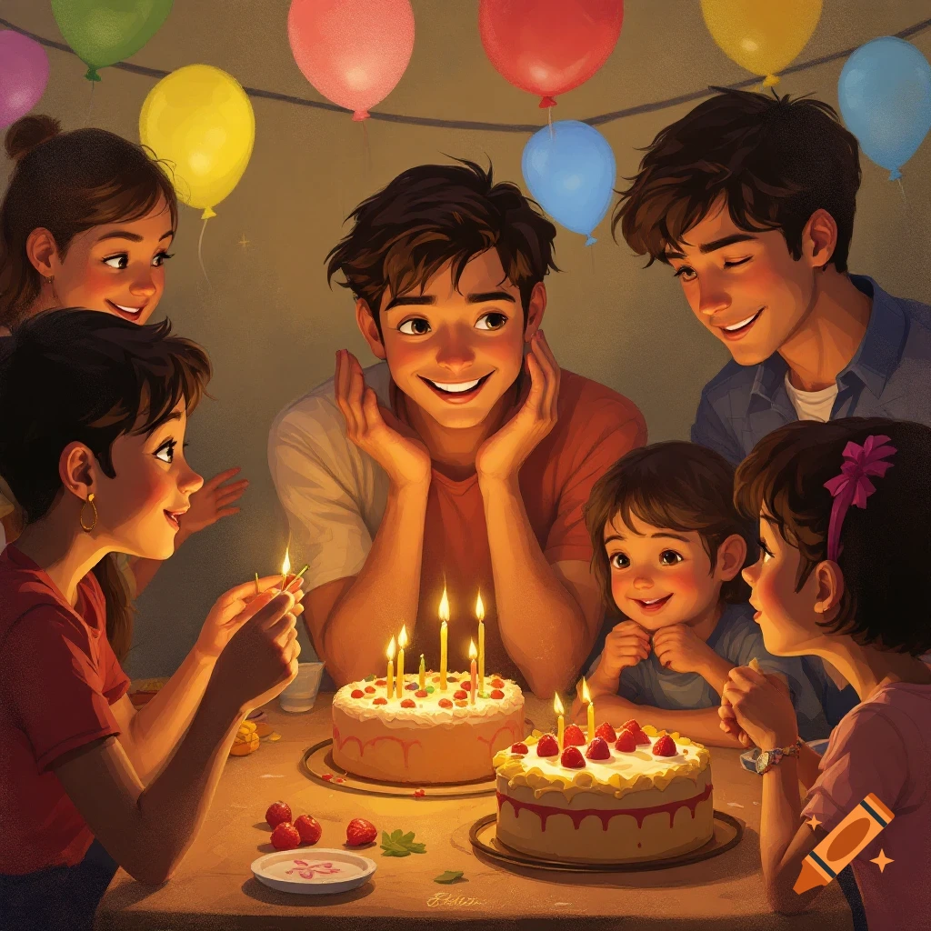Digital illustration of a family celebrating a birthday around cakes with candles and balloons.