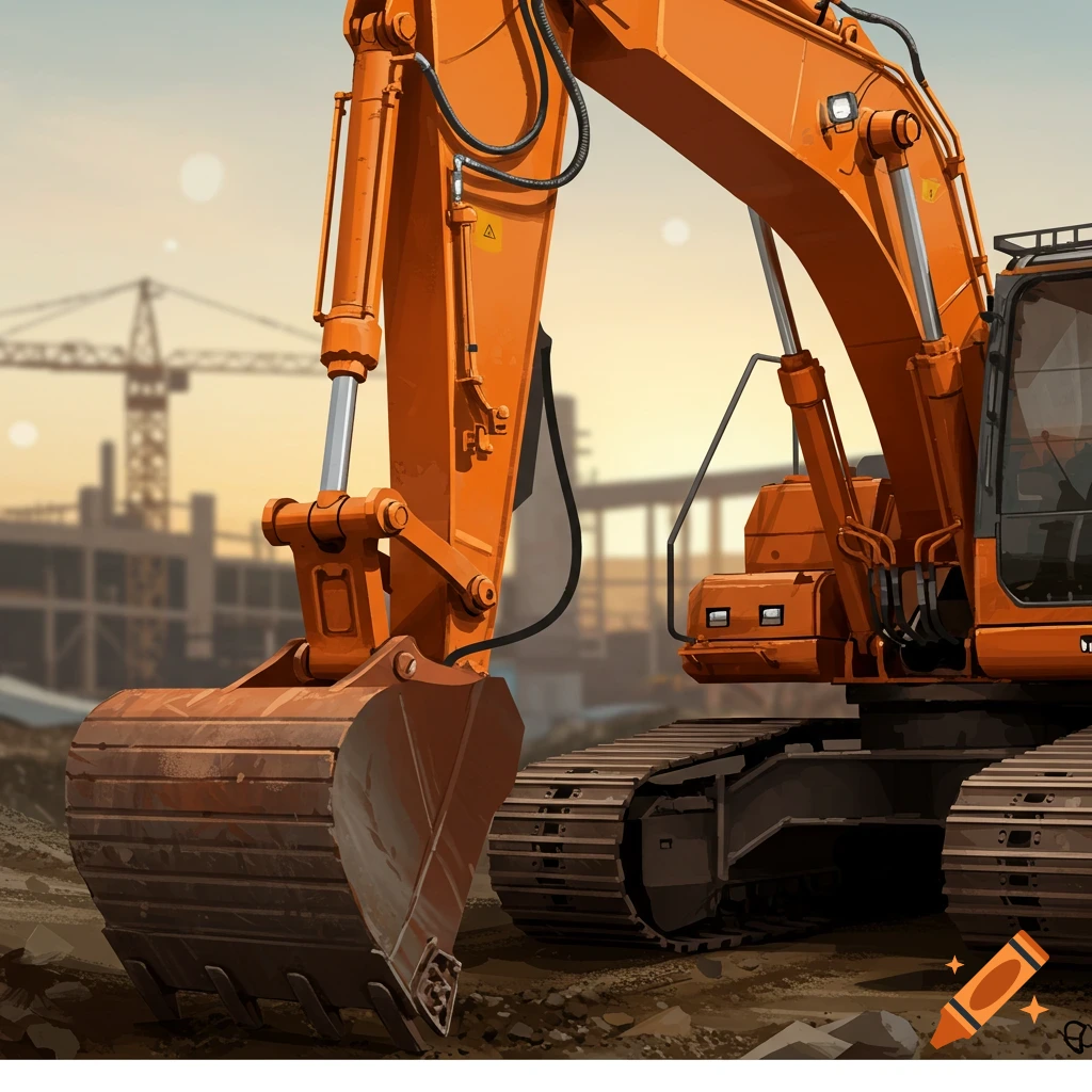 An orange hydraulic excavator with its arm extended low sits on dirt at a construction site with cranes and buildings in the background.