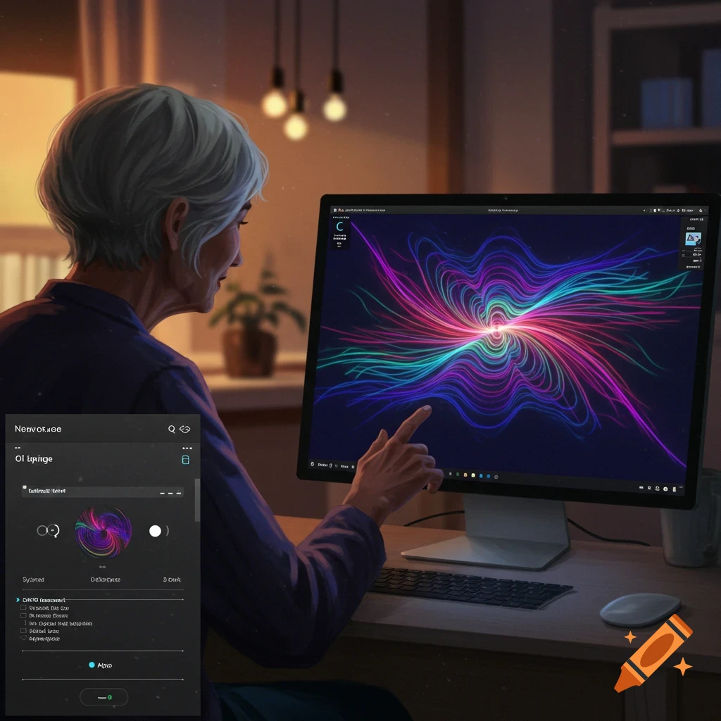 An elderly person views a colorful music visualizer on a computer screen.