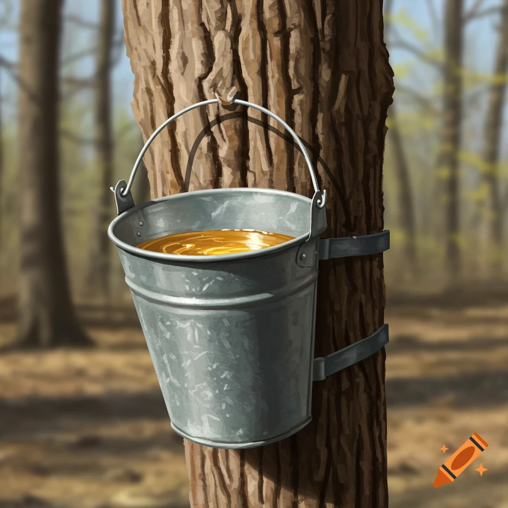 A metal bucket hangs on a maple tree, collecting sap. The background is a blurry forest.