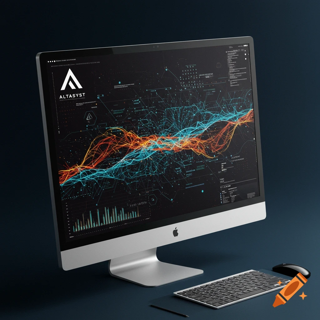 A computer monitor displays complex orange and blue data visualization graphics and charts.