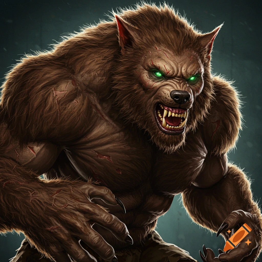 A powerful brown werewolf with glowing green eyes and long claws snarling