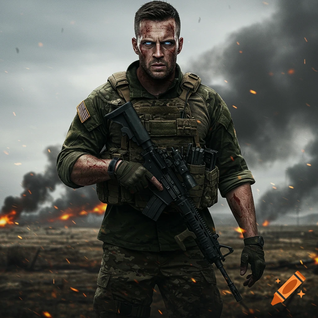 A soldier holding a rifle stands in a smoky, fiery battlefield.