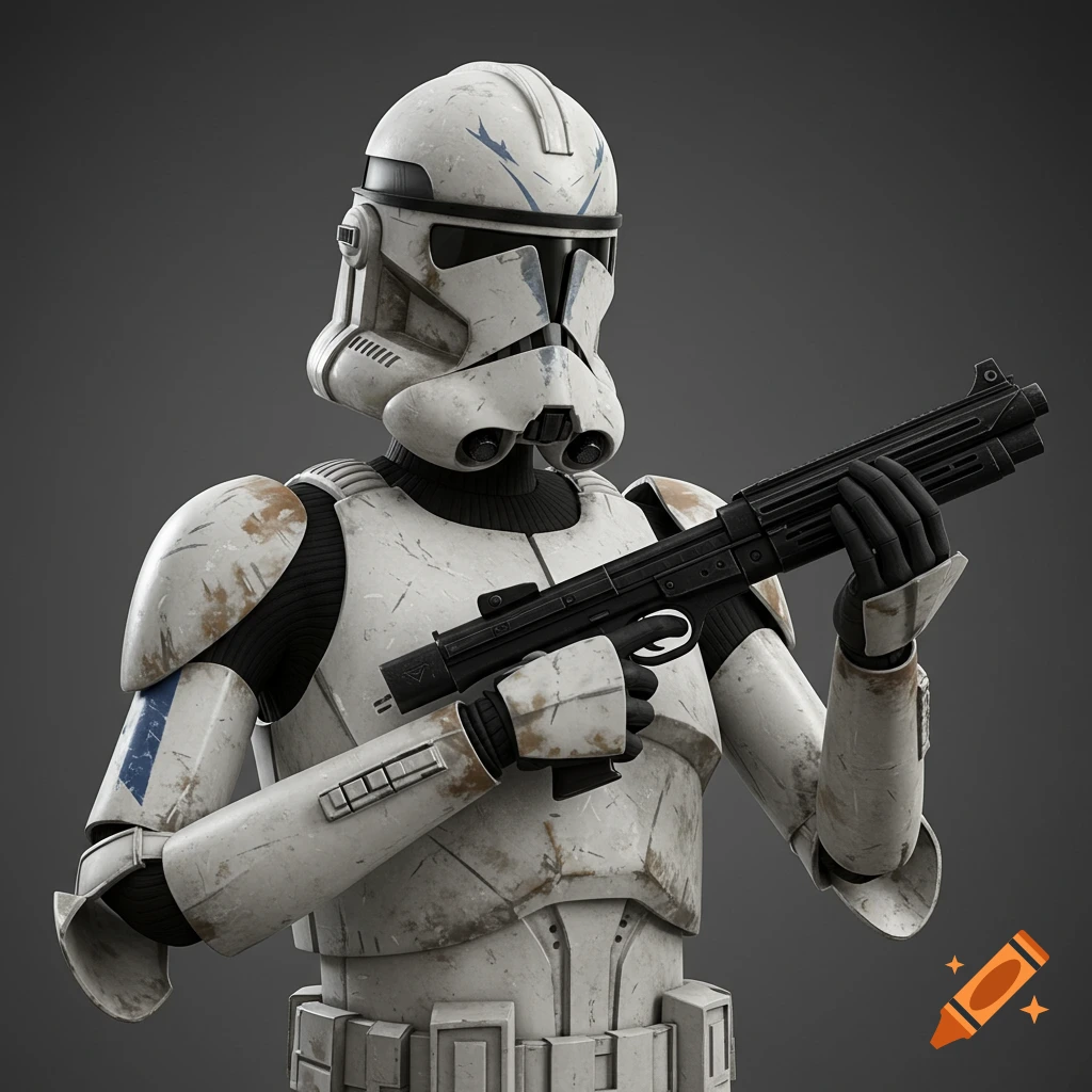 An upper body view of a figure in weathered Star Wars Clone Commando armor holding a blaster rifle.