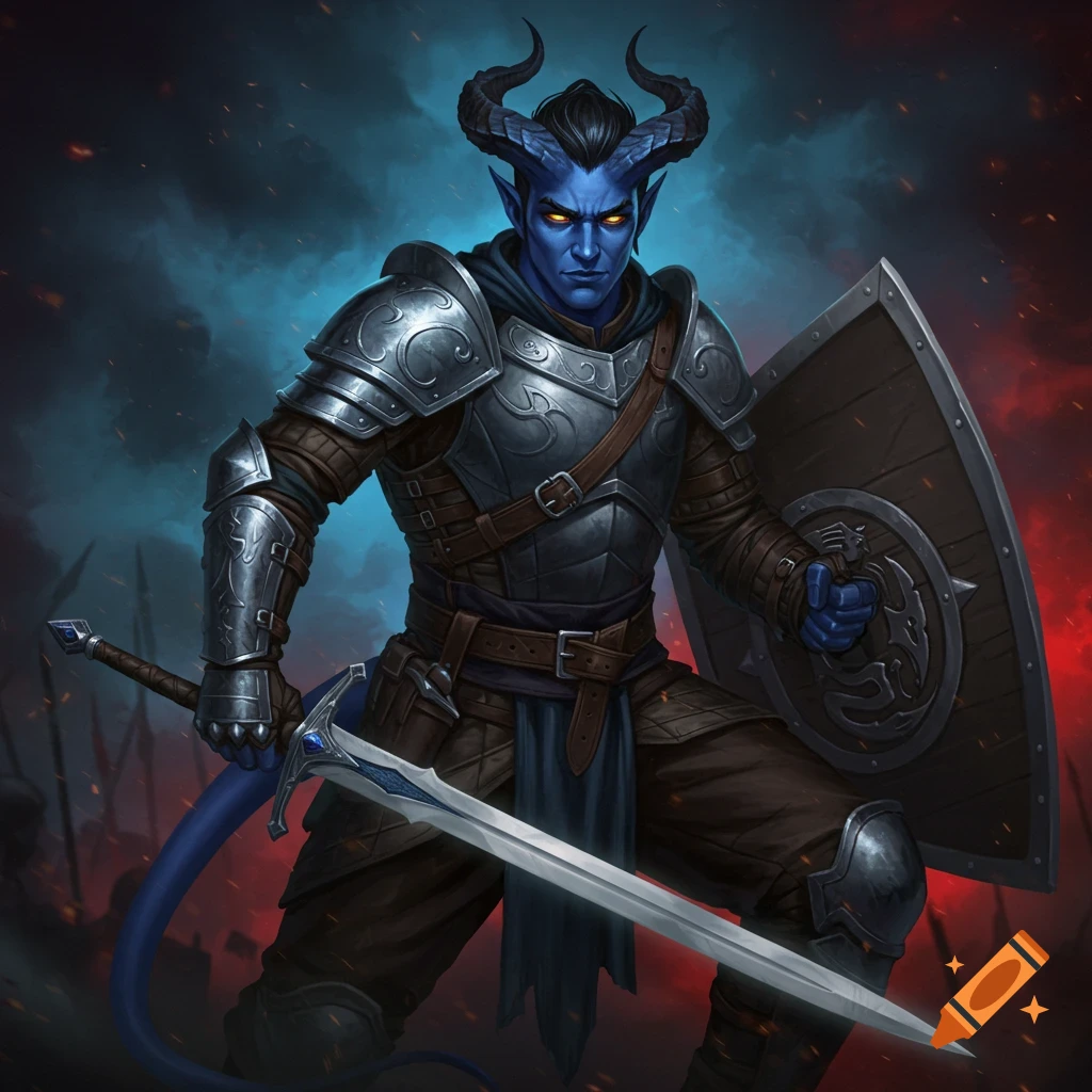 A blue-skinned fantasy Tiefling warrior in armor holds a sword and shield, with horns and glowing yellow eyes.