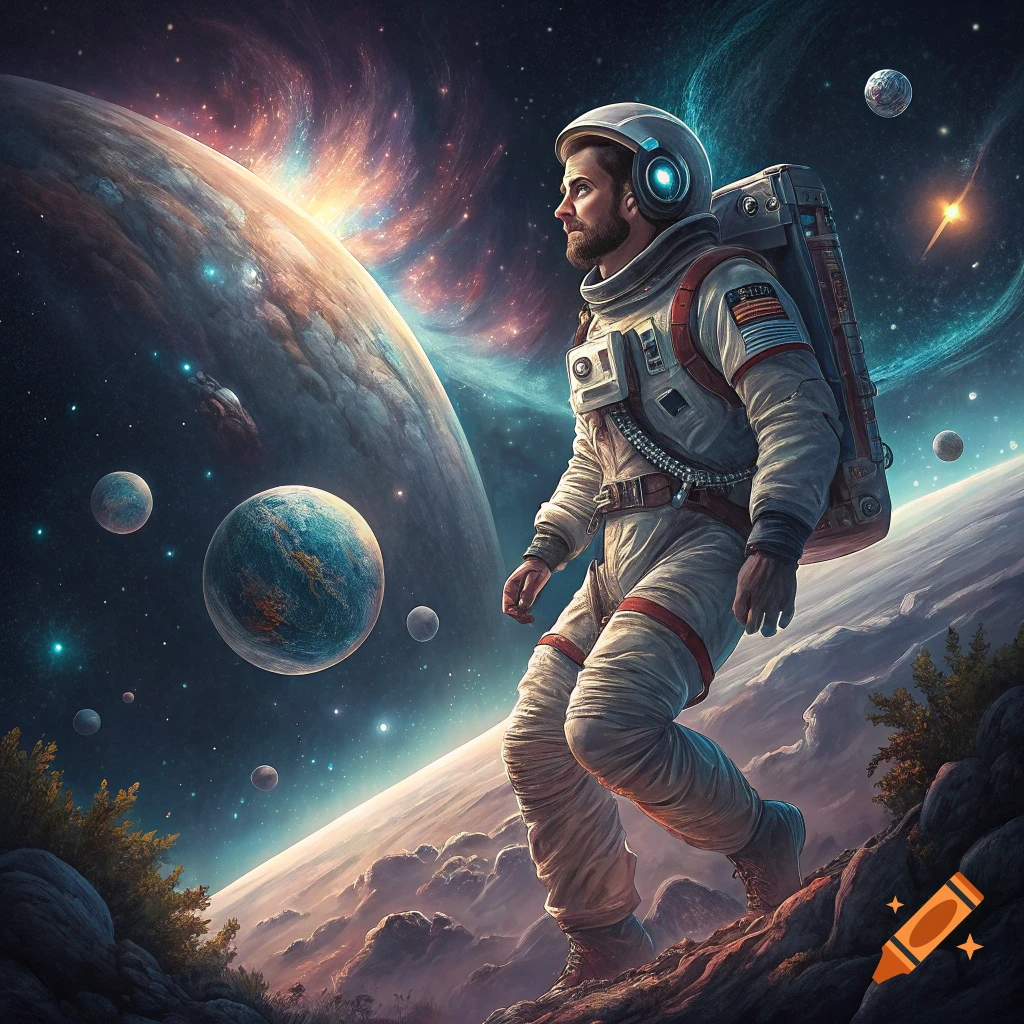 An astronaut stands on a rocky planet surface, looking out at large planets and nebulae in space.