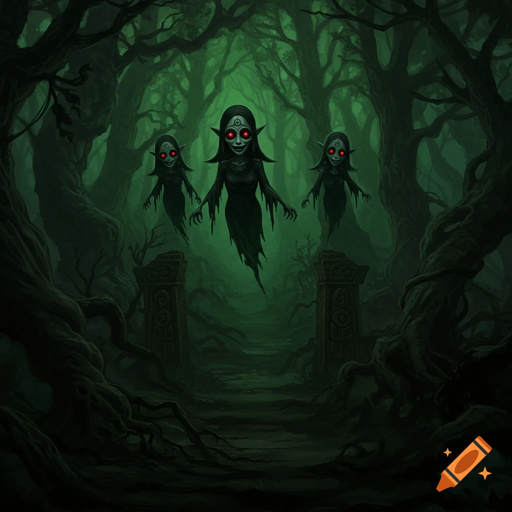 Three ghostly figures with red eyes float in a dark, misty forest path.