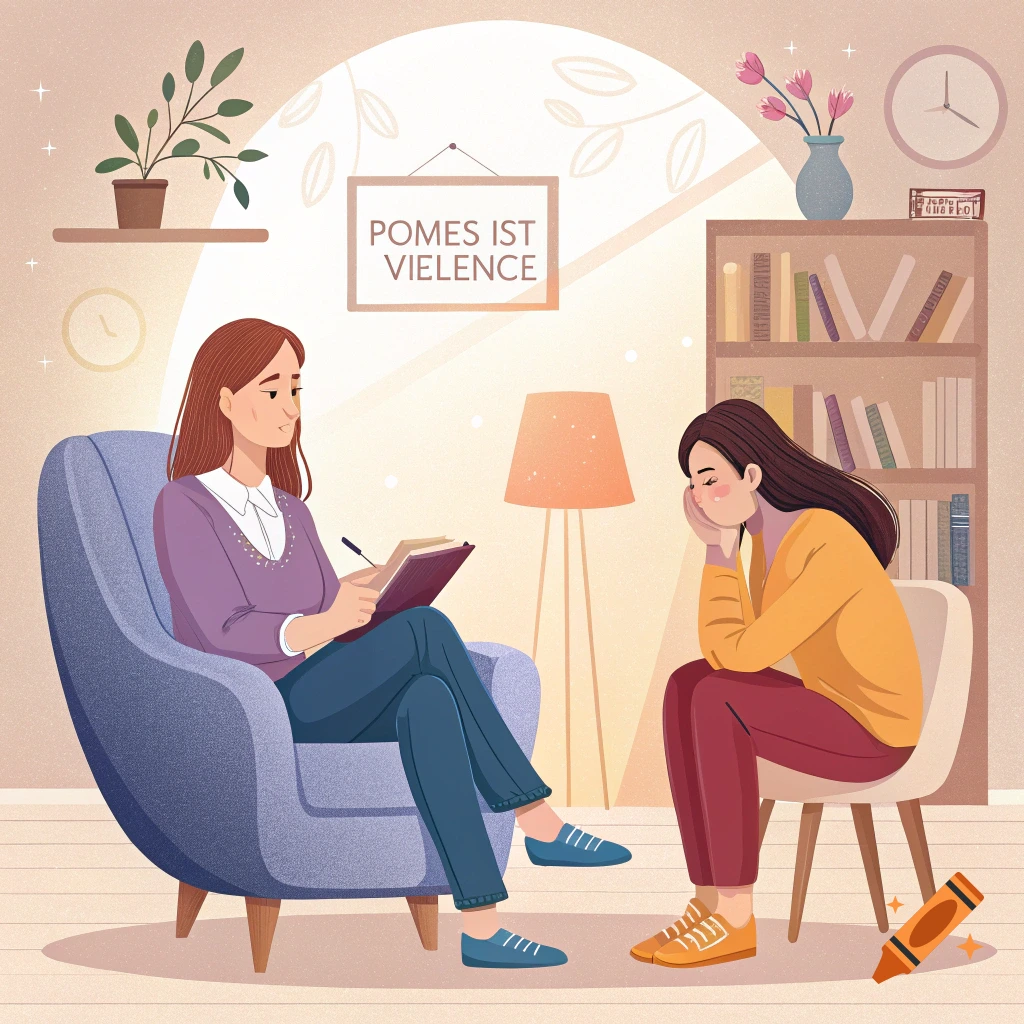 Illustration of a woman talking to a therapist in an office.