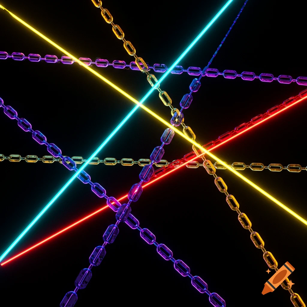 Abstract image of chains crossed with red, blue, and yellow neon beams on black.