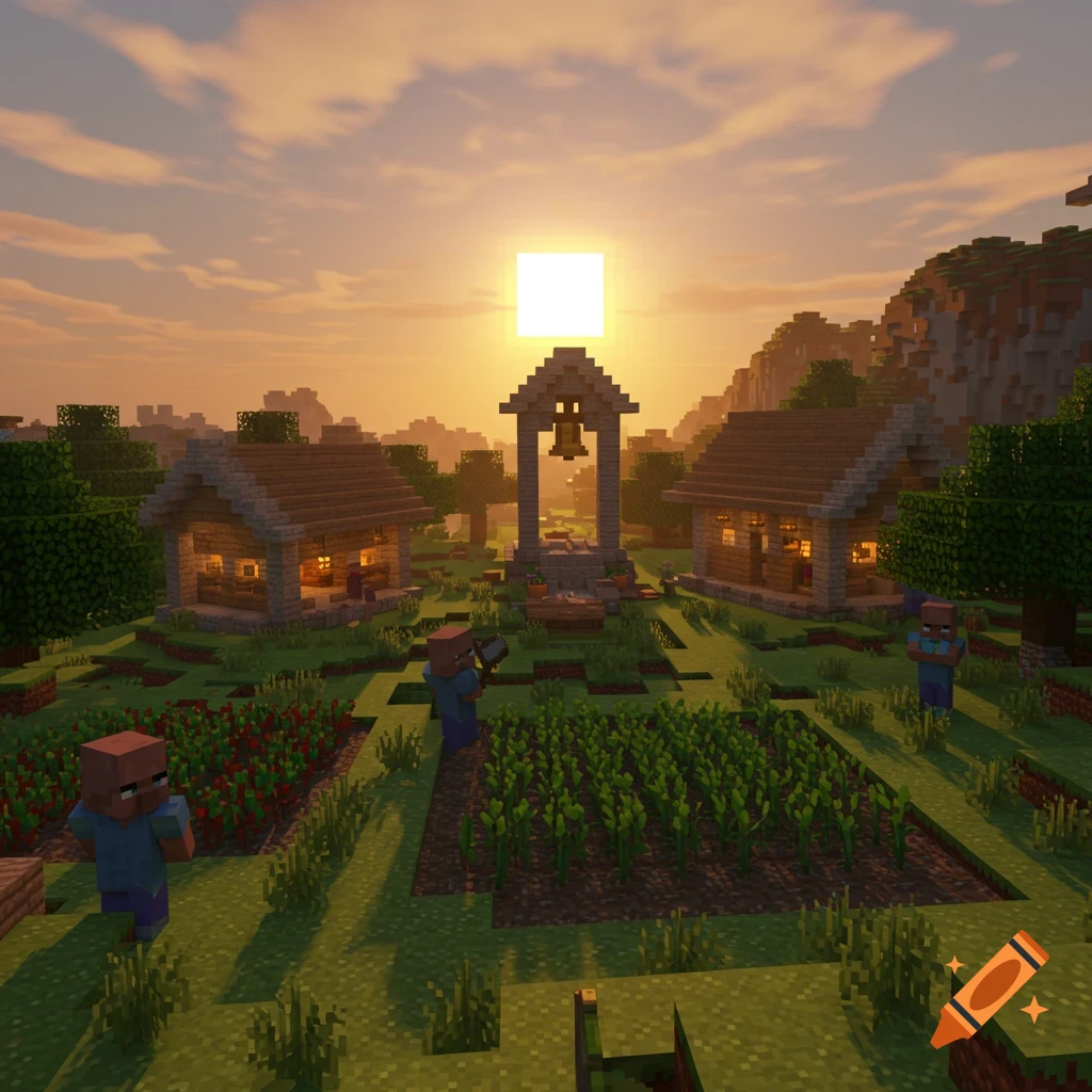 A Minecraft village at sunrise, with villagers, houses, a well, and farms under an orange sky.