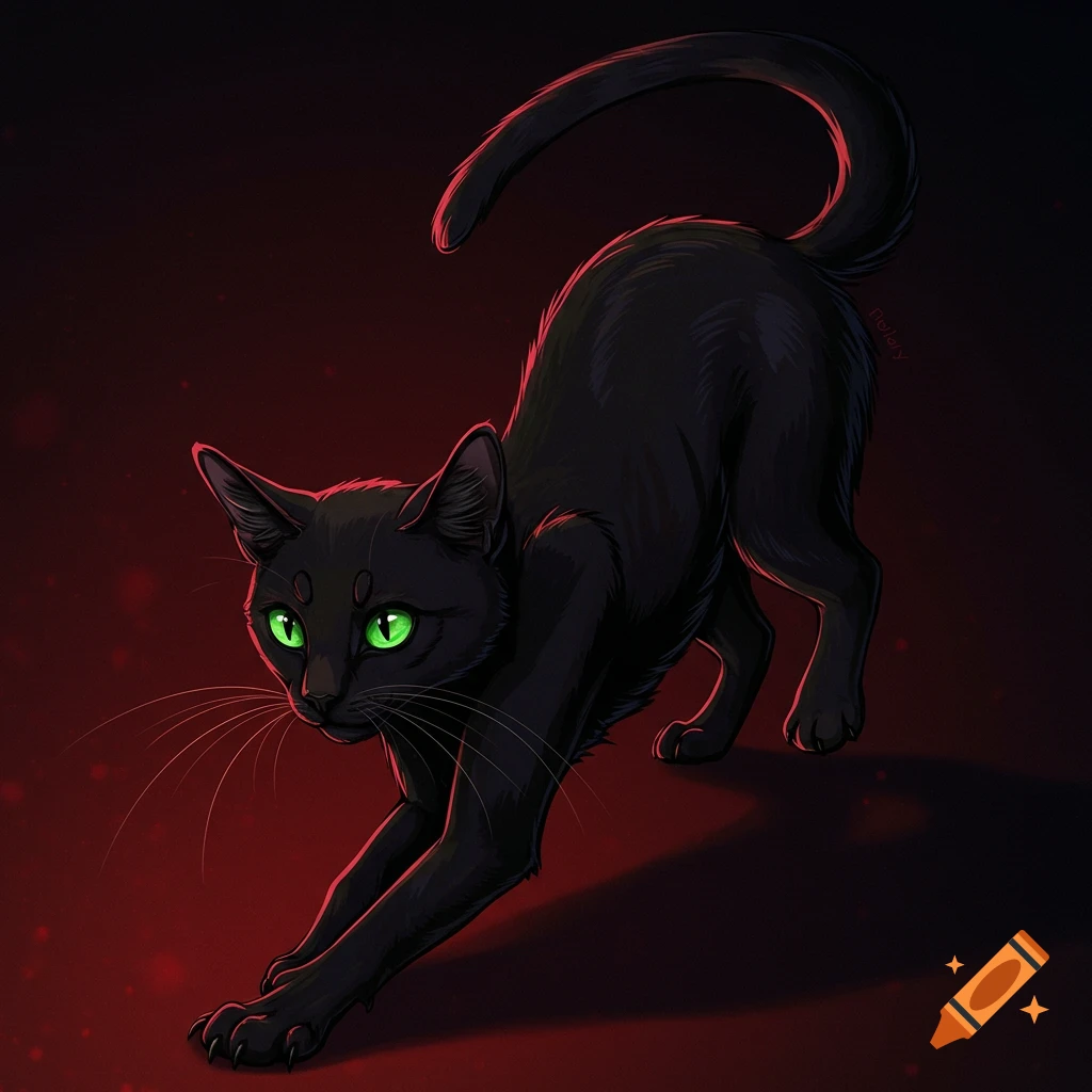 A black cat stretches, silhouetted against a red background, illustration.